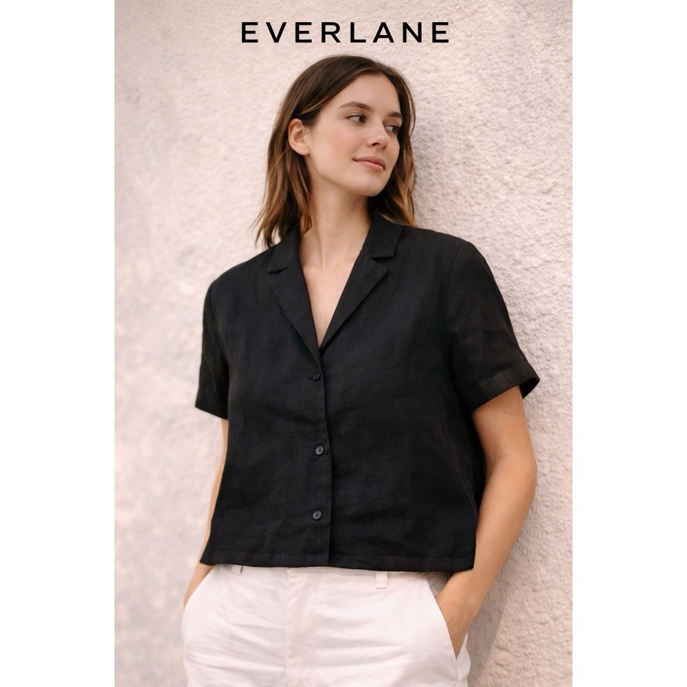 Everlane Linen Notch Shirt Black Short Sleeve Button Front XS S 100% Linen NWOT